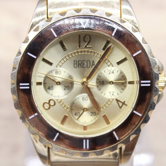 BREDA Chronograph Watch Womens Gold Tone Classic Stainless Steel Leopard Band - Picture 1 of 9